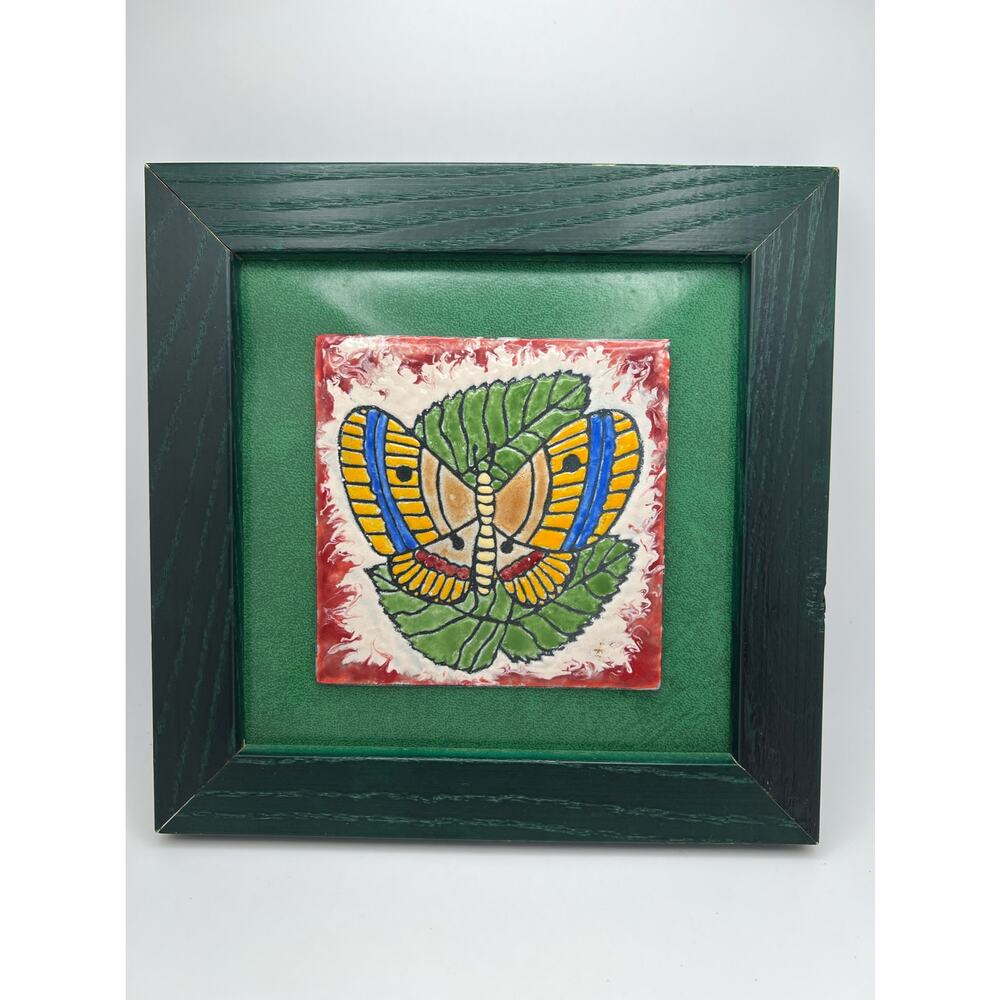 Butterfly Ceramic Tile Art Glazed Green - Mounted Framed Wall Art